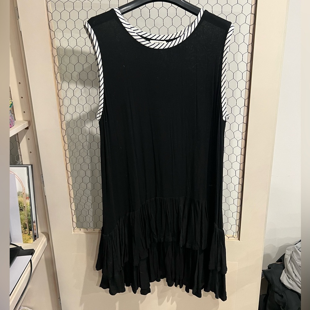 Umgee Black Sleeveless Ruffle Hem Dress with Striped Trim